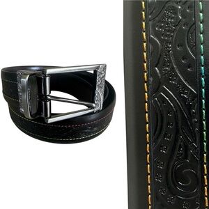 Robert Graham Multicolored Stitch Ornate Silver Buckle Belt